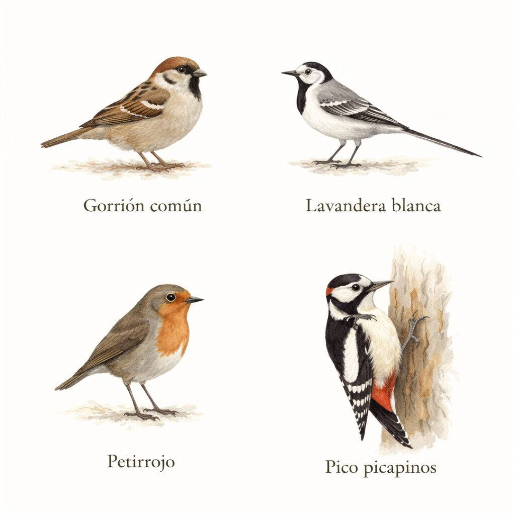 Ilustración de gorrión, petirrojo, lavandera y picapinos en ZEPA de Amaya (Burgos)