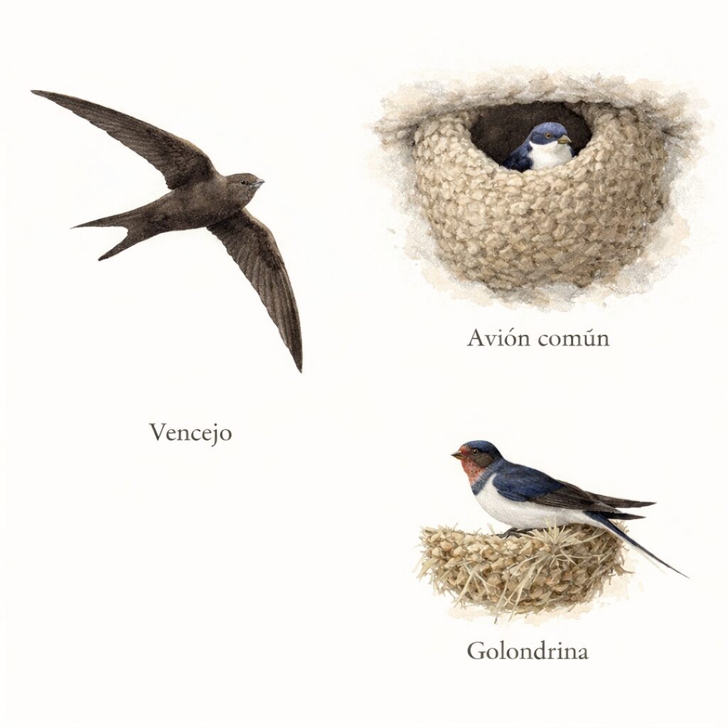 Vencejo, avión y golondrina en nidos en Zepa de Amaya